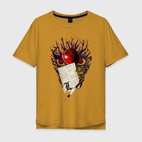 Мужская футболка хлопок Oversize с принтом Рюк и яблоко , 100% хлопок | свободный крой, круглый ворот, “спинка” длиннее передней части | death note | бог | тетрадь