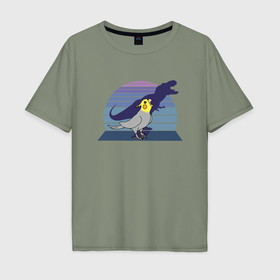 Мужская футболка хлопок Oversize с принтом Попугай Рекс в Санкт-Петербурге, 100% хлопок | свободный крой, круглый ворот, “спинка” длиннее передней части | birbs | bird | parrots | арт | динозавры | животные | картинка | попугаи | попугай | птицы | рисунок | тиранозавры | тирекс
