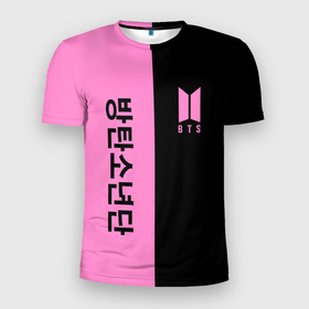 Мужская футболка 3D Slim с принтом BTS black n pink , 100% полиэстер с улучшенными характеристиками | приталенный силуэт, круглая горловина, широкие плечи, сужается к линии бедра | Тематика изображения на принте: 