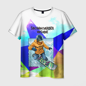 Мужская футболка 3D с принтом Сноуборд в Белгороде, 100% полиэфир | прямой крой, круглый вырез горловины, длина до линии бедер | snowboard | активный отдых | бородач | горы | доска | снег | сноуборд | сноубордист