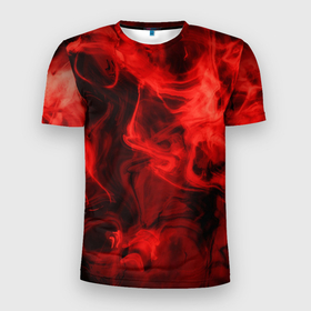 Мужская футболка 3D Slim с принтом Красный дым в Екатеринбурге, 100% полиэстер с улучшенными характеристиками | приталенный силуэт, круглая горловина, широкие плечи, сужается к линии бедра | дым | красный дым | накал | огонь | смешение красок | текстуры