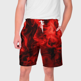Мужские шорты 3D с принтом Красный дым в Тюмени,  полиэстер 100% | прямой крой, два кармана без застежек по бокам. Мягкая трикотажная резинка на поясе, внутри которой широкие завязки. Длина чуть выше колен | дым | красный дым | накал | огонь | смешение красок | текстуры