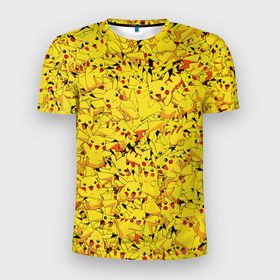 Мужская футболка 3D Slim с принтом Пикачу в Санкт-Петербурге, 100% полиэстер с улучшенными характеристиками | приталенный силуэт, круглая горловина, широкие плечи, сужается к линии бедра | pikachu | pokemon | аниме | желтый | мультфильм | паттерн | пика | пикачу | покемон