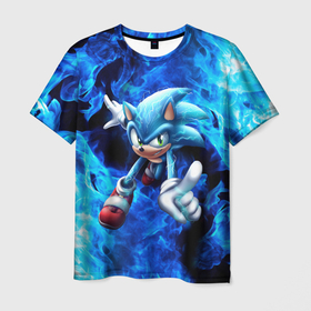 Мужская футболка 3D с принтом Blue Sonic , 100% полиэфир | прямой крой, круглый вырез горловины, длина до линии бедер | 