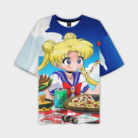 Мужская футболка oversize 3D с принтом Пицца Мун в Санкт-Петербурге,  |  | anime | food | japan | manga | pizza | sailor moon | аниме | девочка | девушка | еда | лунная призма | манга | пицца | сейлор мун | сэйлор мун | япония