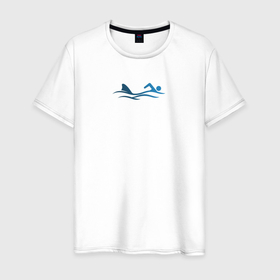 Мужская футболка хлопок с принтом Реальный спорт в Тюмени, 100% хлопок | прямой крой, круглый вырез горловины, длина до линии бедер, слегка спущенное плечо. | Тематика изображения на принте: акула | море | плавание | подарок | ретро | синий | спорт