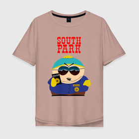 Мужская футболка хлопок Oversize с принтом Картман полицай в Новосибирске, 100% хлопок | свободный крой, круглый ворот, “спинка” длиннее передней части | Тематика изображения на принте: kenny | south park | кенни | мультфильмы | саус парк | южный парк