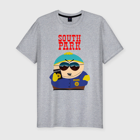 Мужская футболка хлопок Slim с принтом Картман полицай в Тюмени, 92% хлопок, 8% лайкра | приталенный силуэт, круглый вырез ворота, длина до линии бедра, короткий рукав | kenny | south park | кенни | мультфильмы | саус парк | южный парк