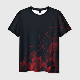 Мужская футболка 3D с принтом Red stripes красная геометрия в Новосибирске, 100% полиэфир | прямой крой, круглый вырез горловины, длина до линии бедер | abstraction | geometry | hexagon | neon | paints | stripes | texture | triangle | абстракция | брызги | геометрия | краски | неон | неоновый | соты | текстура