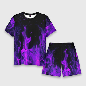 Мужской костюм с шортами 3D с принтом Фиолетовый огонь purple fire ,  |  | abstraction | bones | fire | geometry | hexagon | neon | paints | skull | stripes | texture | triangle | абстракция | брызги | геометрия | краски | неон | неоновый | огонь | соты | текстура | черепа