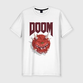 Мужская футболка хлопок Slim с принтом Doom в Петрозаводске, 92% хлопок, 8% лайкра | приталенный силуэт, круглый вырез ворота, длина до линии бедра, короткий рукав | demons | devil | doom | doom eternal | doom slayer | hell | slayer | ад | демоны | дум