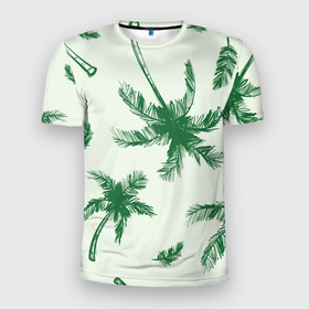 Мужская футболка 3D Slim с принтом Пальмовый рай арт в Екатеринбурге, 100% полиэстер с улучшенными характеристиками | приталенный силуэт, круглая горловина, широкие плечи, сужается к линии бедра | 