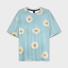 Мужская футболка oversize 3D с принтом Узор с ромашками на голубом ,  |  | лепестки | паттерн | ромашка | ромашки | узор | узоры | цветок | цветы