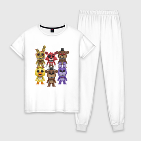 Женская пижама хлопок с принтом Five Nights At Freddys All в Кировске, 100% хлопок | брюки и футболка прямого кроя, без карманов, на брюках мягкая резинка на поясе и по низу штанин | 