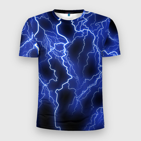 Мужская футболка 3D Slim с принтом Молния neon в Екатеринбурге, 100% полиэстер с улучшенными характеристиками | приталенный силуэт, круглая горловина, широкие плечи, сужается к линии бедра | гроза | гром | молния | небо | неон | неоновый | ночь | природа | разряд | текстура | ток | электричество | яркий