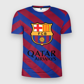 Мужская футболка 3D Slim с принтом Barcelona Qatar в Тюмени, 100% полиэстер с улучшенными характеристиками | приталенный силуэт, круглая горловина, широкие плечи, сужается к линии бедра | Тематика изображения на принте: 10 номер | barcelona | messi | барса | барселона | испания | месси | полосы | футбол