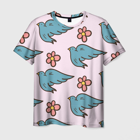 Мужская футболка 3D с принтом Стайка птиц в Тюмени, 100% полиэфир | прямой крой, круглый вырез горловины, длина до линии бедер | Тематика изображения на принте: art | bird | арт | искусство | птица | птицы | цветок | цветы