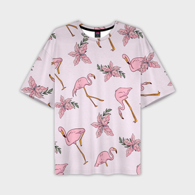 Мужская футболка oversize 3D с принтом Розовый фламинго ,  |  | doodling | textures | tiles | дудлинг | лист | листья | паттерн | природа | птица | птицы | розовый | розовый фламинго | тайлы | текстуры | узор | узоры | фламинго | фон | цветок | цветы