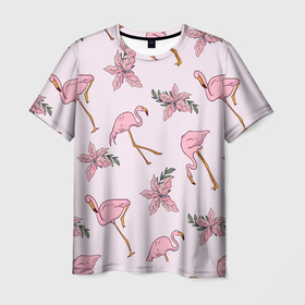 Мужская футболка 3D с принтом Розовый фламинго , 100% полиэфир | прямой крой, круглый вырез горловины, длина до линии бедер | doodling | textures | tiles | дудлинг | лист | листья | паттерн | природа | птица | птицы | розовый | розовый фламинго | тайлы | текстуры | узор | узоры | фламинго | фон | цветок | цветы
