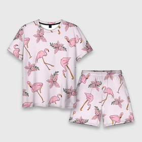 Мужской костюм с шортами 3D с принтом Розовый фламинго ,  |  | doodling | textures | tiles | дудлинг | лист | листья | паттерн | природа | птица | птицы | розовый | розовый фламинго | тайлы | текстуры | узор | узоры | фламинго | фон | цветок | цветы