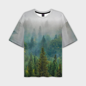 Мужская футболка oversize 3D с принтом Лес в Кировске,  |  | Тематика изображения на принте: siberia | trees | wood | деревья | ели | ёлки | ель | зеленый лес | лес | леса | природа | сибирский лес | сибирь | тайга | туман