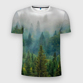 Мужская футболка 3D Slim с принтом Лес , 100% полиэстер с улучшенными характеристиками | приталенный силуэт, круглая горловина, широкие плечи, сужается к линии бедра | Тематика изображения на принте: siberia | trees | wood | деревья | ели | ёлки | ель | зеленый лес | лес | леса | природа | сибирский лес | сибирь | тайга | туман
