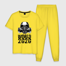 Мужская пижама хлопок с принтом World 2020 , 100% хлопок | брюки и футболка прямого кроя, без карманов, на брюках мягкая резинка на поясе и по низу штанин
 | 2020 | covid 19 | hell | mask | pandemic | virus | world | ад | вирус | коронавирус | мир | противогаз | эпидемия