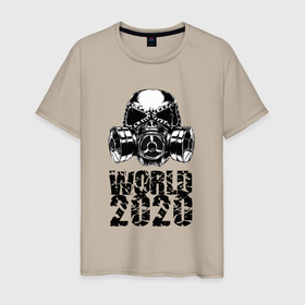 Мужская футболка хлопок с принтом World 2020 в Санкт-Петербурге, 100% хлопок | прямой крой, круглый вырез горловины, длина до линии бедер, слегка спущенное плечо. | Тематика изображения на принте: 2020 | covid 19 | hell | mask | pandemic | virus | world | ад | вирус | коронавирус | мир | противогаз | эпидемия