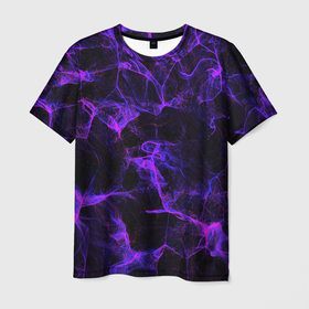 Мужская футболка 3D с принтом Purple digital smoke neon в Белгороде, 100% полиэфир | прямой крой, круглый вырез горловины, длина до линии бедер | abstraction | geometry | hexagon | neon | paints | stripes | texture | triangle | абстракция | брызги | геометрия | краски | неон | неоновый | соты | текстура