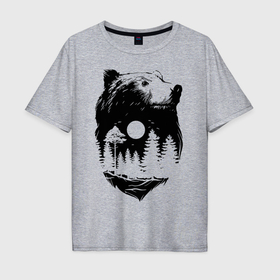 Мужская футболка хлопок Oversize с принтом Bear в Новосибирске, 100% хлопок | свободный крой, круглый ворот, “спинка” длиннее передней части | bear | ears | fir | forest | jaw | muzzle | nose | pine | russia | sun | ель | лес | медведь | нос | пасть | россия | солнце | сосна | уши