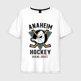 Мужская футболка хлопок Oversize с принтом Anaheim Ducks в Кировске, 100% хлопок | свободный крой, круглый ворот, “спинка” длиннее передней части | Тематика изображения на принте: anaheim | ducks | hockey | nhl | sport | usa | клюшки | нхл | спорт | утки | хоккей | шайбу