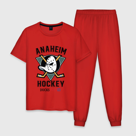 Мужская пижама хлопок с принтом Anaheim Ducks в Новосибирске, 100% хлопок | брюки и футболка прямого кроя, без карманов, на брюках мягкая резинка на поясе и по низу штанин
 | anaheim | ducks | hockey | nhl | sport | usa | клюшки | нхл | спорт | утки | хоккей | шайбу