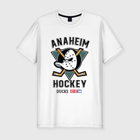 Мужская футболка хлопок Slim с принтом Anaheim Ducks в Курске, 92% хлопок, 8% лайкра | приталенный силуэт, круглый вырез ворота, длина до линии бедра, короткий рукав | Тематика изображения на принте: anaheim | ducks | hockey | nhl | sport | usa | клюшки | нхл | спорт | утки | хоккей | шайбу