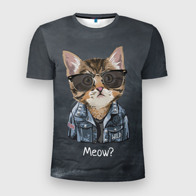 Мужская футболка 3D Slim с принтом Кот в   очках , 100% полиэстер с улучшенными характеристиками | приталенный силуэт, круглая горловина, широкие плечи, сужается к линии бедра | cat | в очках | кот | кот рокер | котик | котяра | кошка | крутой кот | милый | милый кот | рокер