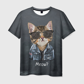 Мужская футболка 3D с принтом Кот в   очках в Курске, 100% полиэфир | прямой крой, круглый вырез горловины, длина до линии бедер | cat | в очках | кот | кот рокер | котик | котяра | кошка | крутой кот | милый | милый кот | рокер