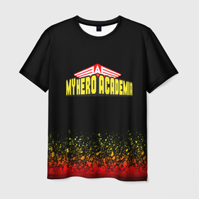 Мужская футболка 3D с принтом MY HERO ACADEMIA logo on FIRE в Екатеринбурге, 100% полиэфир | прямой крой, круглый вырез горловины, длина до линии бедер | Тематика изображения на принте: ahegao | danganronpa | monokuma | senpai | аниме | монокума | надпись | прикольные картинки | прикольные надписи | сердце | я люблю аниме