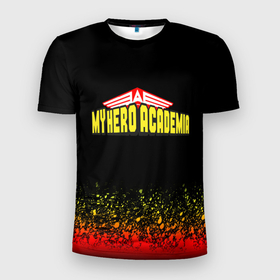Мужская футболка 3D Slim с принтом MY HERO ACADEMIA logo on FIRE в Екатеринбурге, 100% полиэстер с улучшенными характеристиками | приталенный силуэт, круглая горловина, широкие плечи, сужается к линии бедра | ahegao | danganronpa | monokuma | senpai | аниме | монокума | надпись | прикольные картинки | прикольные надписи | сердце | я люблю аниме