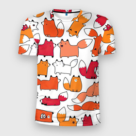 Мужская футболка 3D Slim с принтом Милые лисы в Тюмени, 100% полиэстер с улучшенными характеристиками | приталенный силуэт, круглая горловина, широкие плечи, сужается к линии бедра | белый | красный | лиса | лисы | много животных | много зверей | рыжий