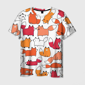 Мужская футболка 3D с принтом Милые лисы в Курске, 100% полиэфир | прямой крой, круглый вырез горловины, длина до линии бедер | белый | красный | лиса | лисы | много животных | много зверей | рыжий