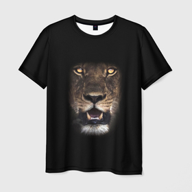 Мужская футболка 3D с принтом Взгляд львицы в Екатеринбурге, 100% полиэфир | прямой крой, круглый вырез горловины, длина до линии бедер | eyes | fangs | grin | jaw | lioness | muzzle | nose | глаза | клыки | львица | нос | оскал | пасть