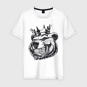 Мужская футболка хлопок с принтом Medved в Новосибирске, 100% хлопок | прямой крой, круглый вырез горловины, длина до линии бедер, слегка спущенное плечо. | bear | crown | forest | hunter | king | medved | siberia | sibir | арт | взгляд | гризли | животные | загон | картинка | король | корона | лес | медвед | медведь | мужик | оскал | охота | охотник | рисунок | сибирь | царь | шерсть
