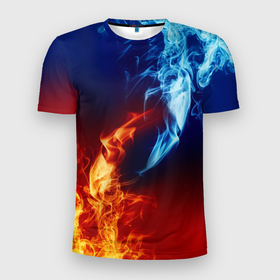 Мужская футболка 3D Slim с принтом Битва огней в Екатеринбурге, 100% полиэстер с улучшенными характеристиками | приталенный силуэт, круглая горловина, широкие плечи, сужается к линии бедра | fire | flame | битва | вода | жар | желтый | искра | искры | костер | красный | лед | огней | огнем | огненные | огненный | огни | огнями | огонек | огонечек | огонечки | огонь | огоньки | оранжевый | пламя | пожар