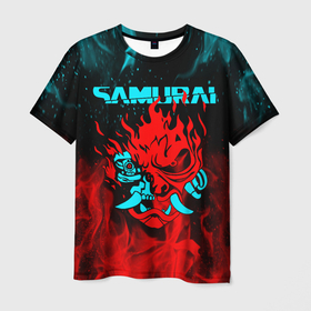 Мужская футболка 3D с принтом Cyberpunk 2077: самурай , 100% полиэфир | прямой крой, круглый вырез горловины, длина до линии бедер | cd project red | cyberpunk 2077 | demon | keanu reeves | samurai | smile | демон | киану ривз | киберпанк 2077 | самураи | смайл