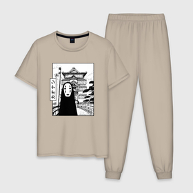 Мужская пижама хлопок с принтом No Face Spirited Away Ghibli в Екатеринбурге, 100% хлопок | брюки и футболка прямого кроя, без карманов, на брюках мягкая резинка на поясе и по низу штанин
 | ghibli | hayao miyazaki | no face | spirited away | studio ghibli | аниме | безликий | гибли | манга | унесенные призраками
