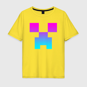 Мужская футболка хлопок Oversize с принтом Minecraft Creeper neon в Кировске, 100% хлопок | свободный крой, круглый ворот, “спинка” длиннее передней части | block | creeper | cube | minecraft | pixel | блок | геометрия | крафт | крипер | кубики | майнкрафт | пиксели