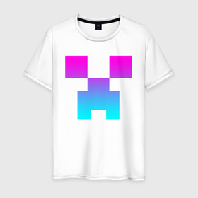 Мужская футболка хлопок с принтом Minecraft Creeper neon в Екатеринбурге, 100% хлопок | прямой крой, круглый вырез горловины, длина до линии бедер, слегка спущенное плечо. | block | creeper | cube | minecraft | pixel | блок | геометрия | крафт | крипер | кубики | майнкрафт | пиксели