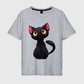 Мужская футболка хлопок Oversize с принтом Черный котенок в Новосибирске, 100% хлопок | свободный крой, круглый ворот, “спинка” длиннее передней части | Тематика изображения на принте: арт | животные | звери | картинка | кот | котенок | коты | кошка | рисунок
