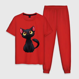Мужская пижама хлопок с принтом Черный котенок в Тюмени, 100% хлопок | брюки и футболка прямого кроя, без карманов, на брюках мягкая резинка на поясе и по низу штанин
 | арт | животные | звери | картинка | кот | котенок | коты | кошка | рисунок