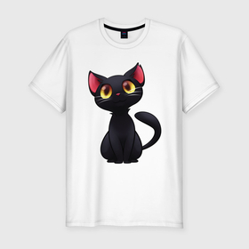 Мужская футболка хлопок Slim с принтом Черный котенок в Курске, 92% хлопок, 8% лайкра | приталенный силуэт, круглый вырез ворота, длина до линии бедра, короткий рукав | арт | животные | звери | картинка | кот | котенок | коты | кошка | рисунок