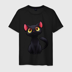 Мужская футболка хлопок с принтом Черный котенок в Петрозаводске, 100% хлопок | прямой крой, круглый вырез горловины, длина до линии бедер, слегка спущенное плечо. | арт | животные | звери | картинка | кот | котенок | коты | кошка | рисунок